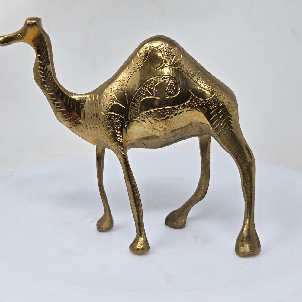 Vintage Etched Brass Camel Figurine Standing Dromedary Statue Gold Tone 5 inch
